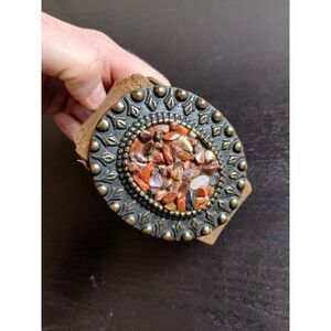 Vintage Goldtone Belt Buckle With Mosaic Stone Inlay Brown Belt M/L 32-34 #1538